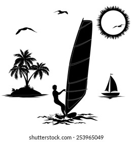 Set of elements symbolizing vacation in the tropics, sportsmen surfer, island with palm trees, sailboat in the sea, sun and the birds, black silhouettes isolated on white background. Vector