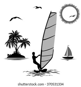 Set of Elements Symbolizing Vacation in the Tropics, Sportsmen Surfer, Island with Palm Trees, Sailboat in the Sea, Sun and Birds, Black and Grey Silhouettes Isolated on White Background. Vector