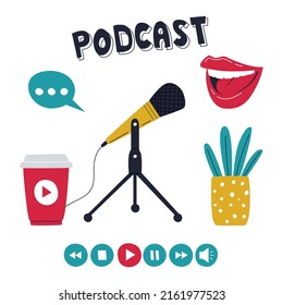 Set of elements, symbols of recording of a podcast, radio show, broadcast. Microphone on stand, cup with Play button, talking mouth, potted plant. Color flat vector illustration isolated on white