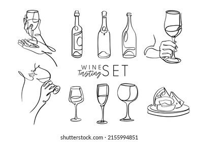Set of elements for tasting design. Line art: glass, hand, wine bottle, sparkling glass, white wine glass, hands, burgundy bottle. Graphics for designing a bar card