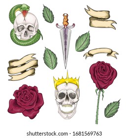 Conjunto de elementos para tatuajes o etiquetas, impresiones al estilo de la escuela antigua