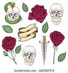 Set of elements for tattoos or stickers, prints in the old school style
