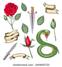 Conjunto de elementos para tatuajes o etiquetas, impresiones al estilo de la escuela antigua