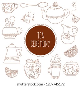 Set of elements of the "Tea ceremony": a kettle, a spoon, a packet of tea, sugar bowl, milk jug, lemon, jam, Cup. Doodle style. Vector