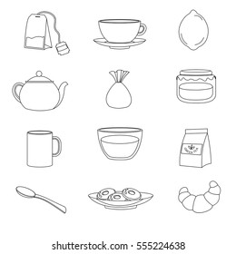 Set of elements for tea. Cups, tea, sweets, tea, lemon. Vector illustration. Similar, lines.