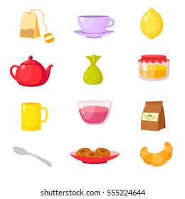 Set of elements for tea. Cups, tea, sweets, tea, lemon. Vector illustration.