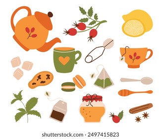 Set of elements for tea drinking. Autumn tea party, traditional. Vector illustration. Teapot, cups, lemon, tea strainer