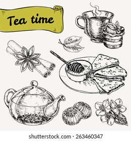set of elements for tea time or breakfast with cake and pancakes. hand drawn vector illustration