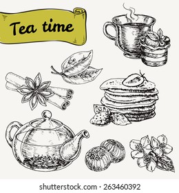 set of elements for tea time or breakfast with cake and pancakes. hand drawn vector illustration