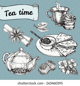 set of elements for tea time or breakfast with cake and pancakes. hand drawn vector illustration