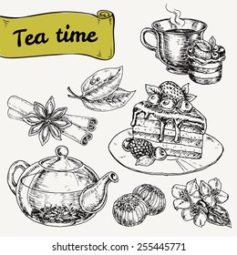 set of elements for tea time. hand drawn vector illustration