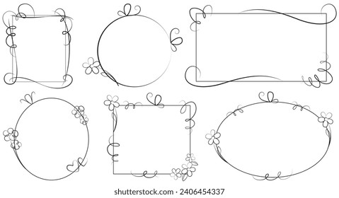 Set of elements, templates - cute vector sketch black and white contour frames with decorative hand-drawn elements, curls, flowers, stylized butterflies, and hearts.