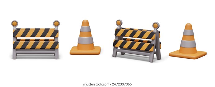 Set of elements for temporary fence. Movable barriers for road, repair, emergency works