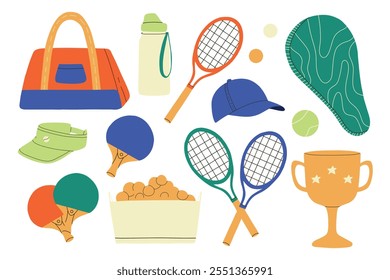Set of elements for tennis. Vector illustration. Flat style. Tennis collection.