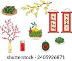 Set of elements for Tet holiday concept flat vector illustration isolated on white background. Vietnamese traditional new year. Lunar new year. Tet festival.