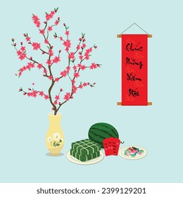 Set of elements for Tet holidays concept: Peach blossom, Happy New Year banner, banh chung, red envelopes, candy, watermelon. Vietnamese new year set vector illustration in cartoon style.