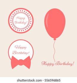 A set of elements with text Happy birthday! Balloon, round frame, bow. White, pink.