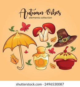 a set of elements for thanksgiving and autumn festival with warm colors in the form of vector cartoon illustrations