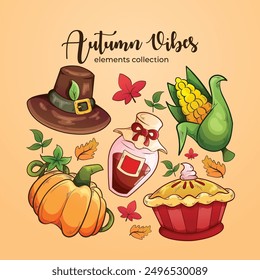 Un conjunto de Elementos para el festival de Acción de Gracias y Otoño con colores cálidos en forma de ilustraciones de dibujos animados de Vector