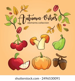 a set of elements for thanksgiving and autumn festival with warm colors in the form of vector cartoon illustrations