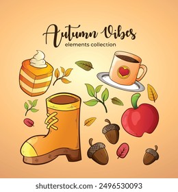 Un conjunto de Elementos para el festival de Acción de Gracias y Otoño con colores cálidos en forma de ilustraciones de dibujos animados de Vector