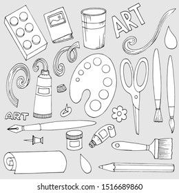 Set of elements, tools for the artist in black and white, linear drawing