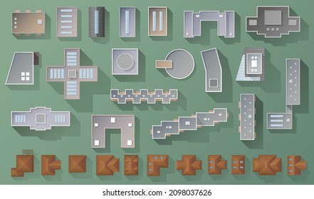 Set of elements top view for landscape design. Objects for map of City. Collection, kit of Houses, factory, buildings, skyscrapers, hotels, manufacturing, transport. Isolated Vector element from above