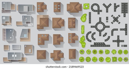 Set of elements top view for landscape design. Buildings and trees for City map. Collection of different types of Houses townhouse, condominium, residential, apartment, cottage. Kit of isolated object