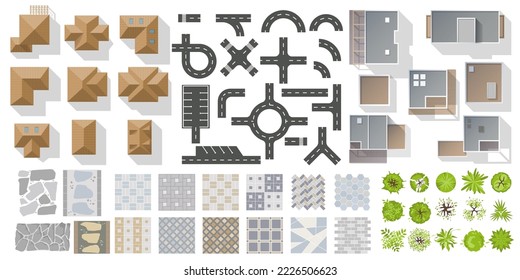 Set of elements top view for landscape design. Buildings and trees for City map. Collection of different types of Houses townhouse, condominium, residential, apartment, cottage. Kit of isolated object