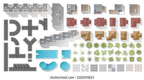 Set of elements top view for map of City. Buildings and objects for landscape design. Collection, kit of House, trees, cottage, plant, road element, swimming pool, tile. Vector element from above