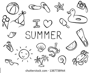 Set of elements with the topic "Summer". Simple hand drawn. Vector.