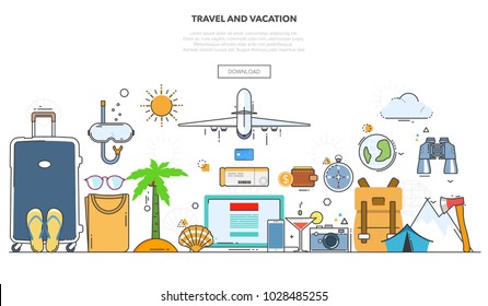 A set of elements for travel and vacations. Line design vector illustration