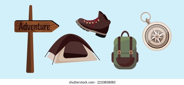 
Set of elements for сamping, traveling, hiking, camper, journey. 
Tent, backpack, signboard, hiking boots, compass