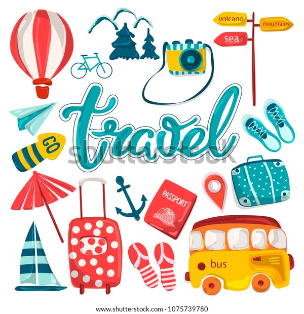 A set of elements\
for traveling, planning summer vacation, adventure or business\
trip. Hand-drawn cartoon icons, tourist objects and passenger\
Luggage. Vector illustration