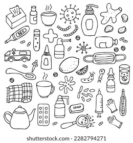 Set of elements for the treatment of flu and colds. Contains medicines, medical items and tools. Doodle. Vector illustration. Hand drawn. Outline.