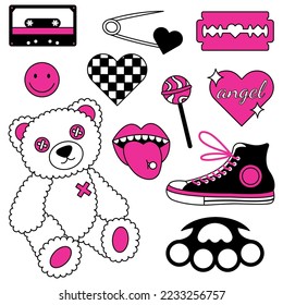 Set of elements in trendy emo goth 2000s style. Y2k pink and black objects.