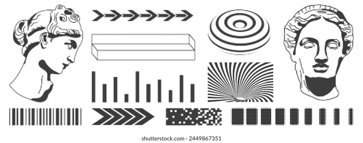 Set of elements in trendy style. Statues and different geometric shapes with grain texture.