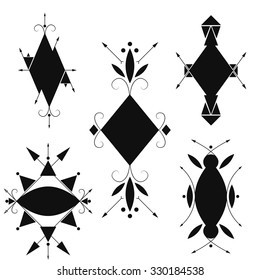 A set of elements. Tribal style. Geometric frame. Black ethnic elements. Arrows and patterns. Isolated on white background. Vector illustration.