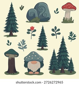 Um conjunto de elementos, trolls e uma floresta em um estilo de conto de fadas escandinavo