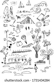 set of elements in a tropical style with the image of palm trees, surfboards, herbs, waves, stones, clouds, yacht, marina, t-shirt, shorts, towel, glasses, wave, sun. black and white doodle style