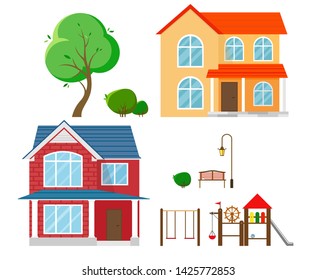 Set of elements of two country houses with a tree, shrubs, a bench with a street lamp and a playground. Vector illustration in cartoon flat style.