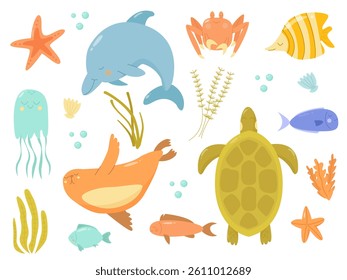 A set of elements with underwater inhabitants of the sea and ocean