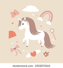 Conjunto de Elementos con unicornio en estilo escandinavo. Ilustración vectorial dibujada a mano.