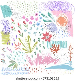 Set of scribble vector textures and doodle floral elements. Use for posters, art prints, greeting and business cards, banners, labels, book illustrations and other graphic designs.