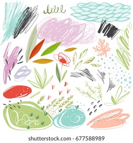 Set of scribble vector textures and doodle floral elements. Use for posters, art prints, greeting and business cards, banners, labels, book illustrations and other graphic designs.