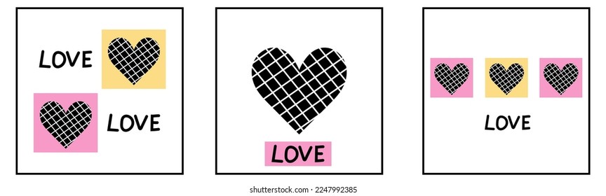 Set of Elements for valentine day. Monochromes checked hearts on white, pink and yellow background. - Shutterstock ID 2247992385