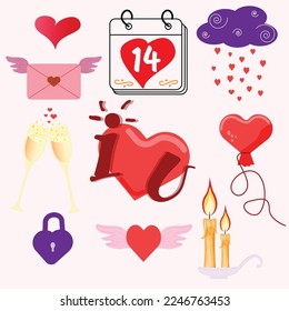 A set of elements for Valentine's Day. The 14th of February. Valentine's Day Vector elements on pink background, eps10