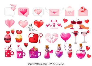 A set of elements for Valentine's Day. 3-d hearts, envelopes, calendar, potion, cocktails. Vector illustration.