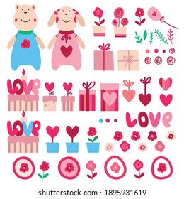 Set of elements for Valentine's Day. Bear, bunny, heart, cake, flowers, gifts