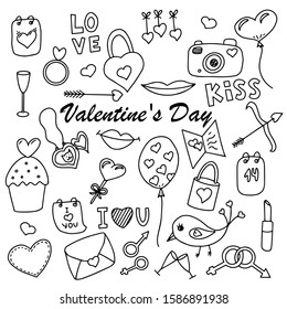 Set of elements for Valentine's Day. Black and white vector illustration. Doodle style objects, hand-drawn and isolated on a white background. Outline and stroke
